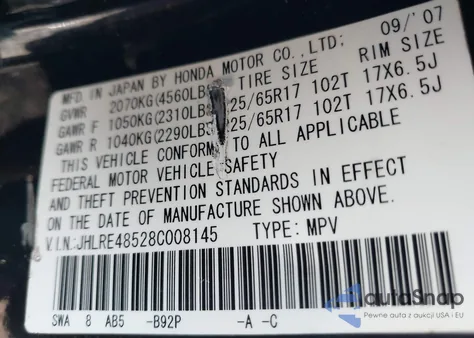 2008 Honda Cr-V Ex z USA, uszkodzony, nr VIN JHLRE48528C008145